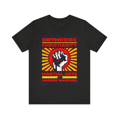 Orthodox Christianity: Martial Arts for Unseen Warfare | NIKA Jesus Fist on Colorful Sunburst Design | Orthodox Christian T-Shirt