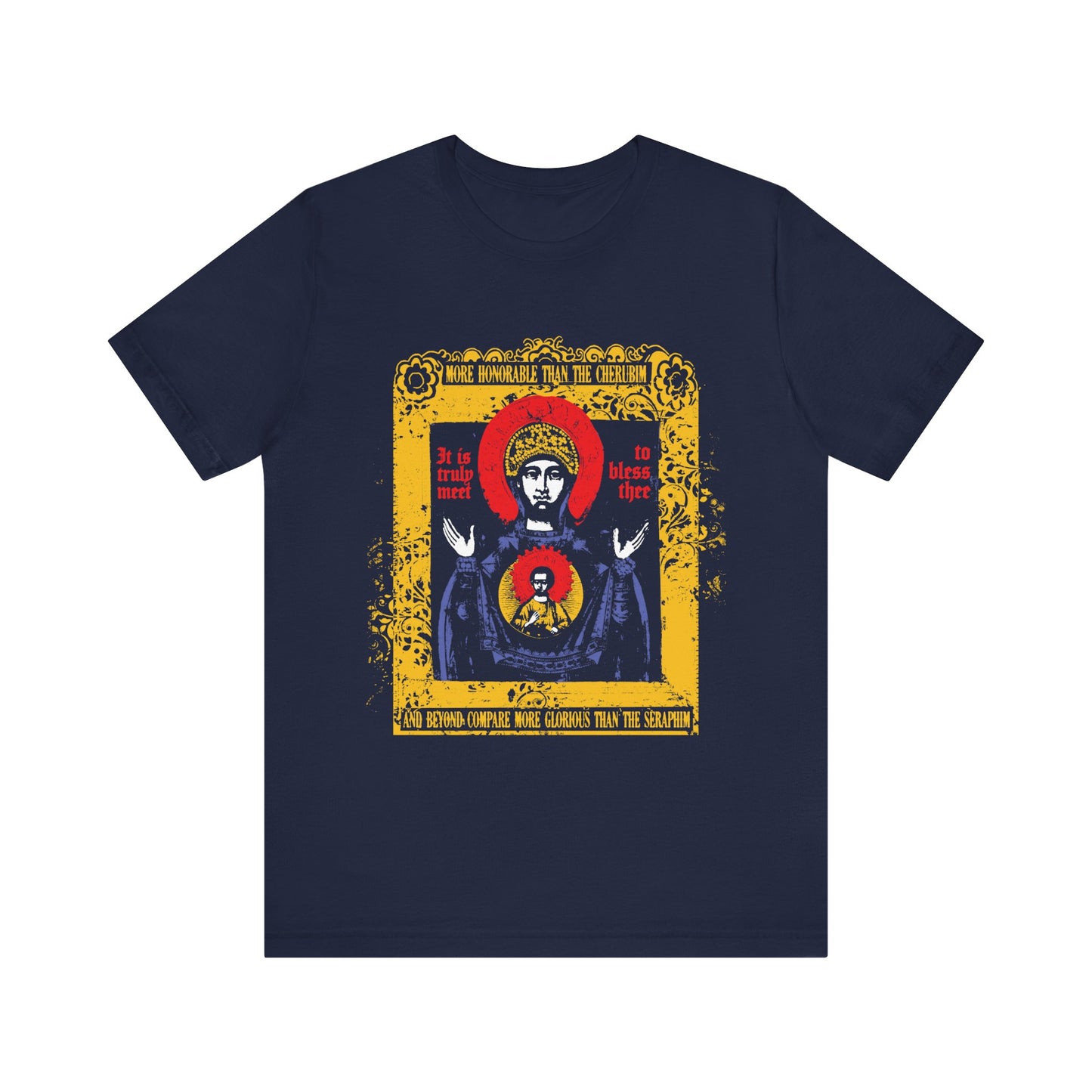 Navy Orthodox lightweight cotton unisex tee featuring an ornate iconographic depiction of the Mother of God with gold text from the Axion Estin hymn, inspired by the prayer "It is Truly Meet to Bless Thee.