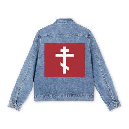 White Orthodox Cross Red Background | Jesus for the joy set before Him endured the Cross | Orthodox Christian Jean Jacket