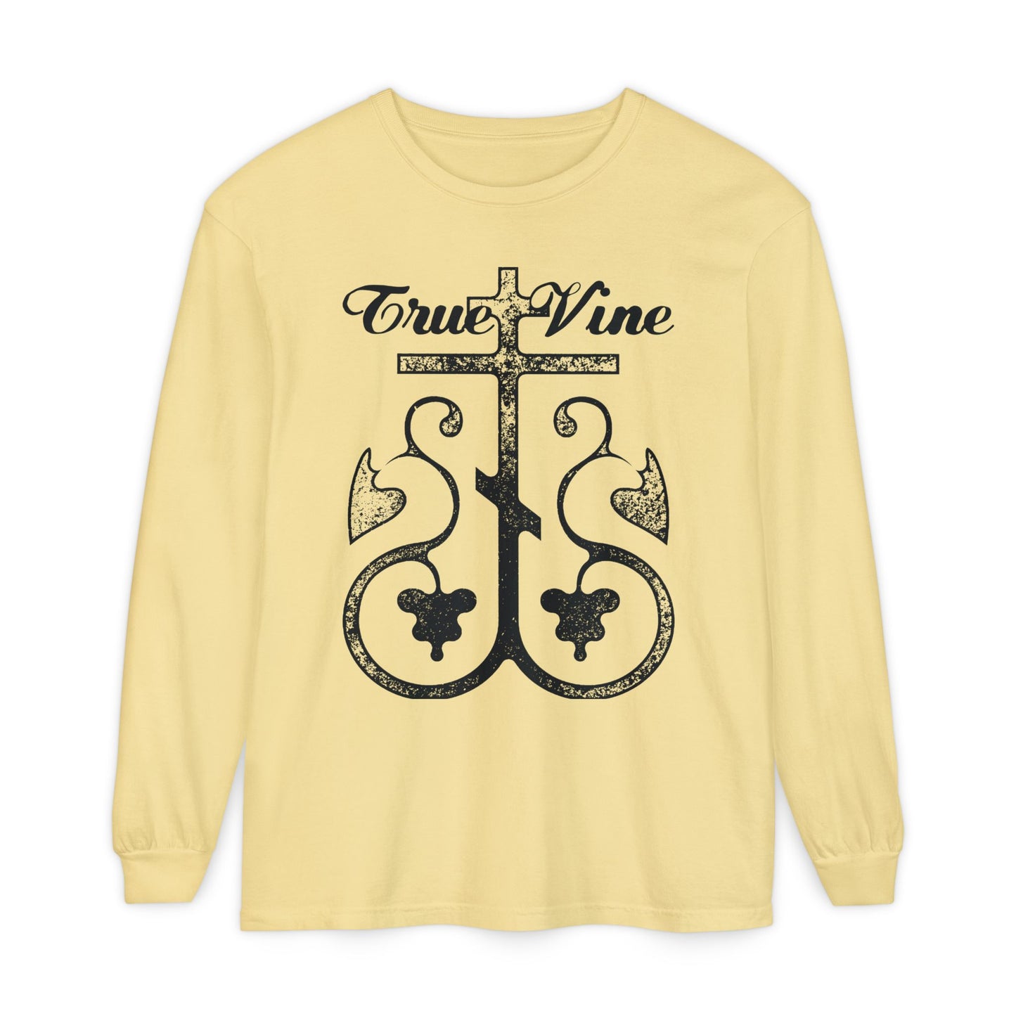 I Am the True Vine (John 15, Ezekiel 15) | Orthodox Cross with Grape Vine | Photocopy Effect | Orthodox Long Sleeve Cotton Shirt