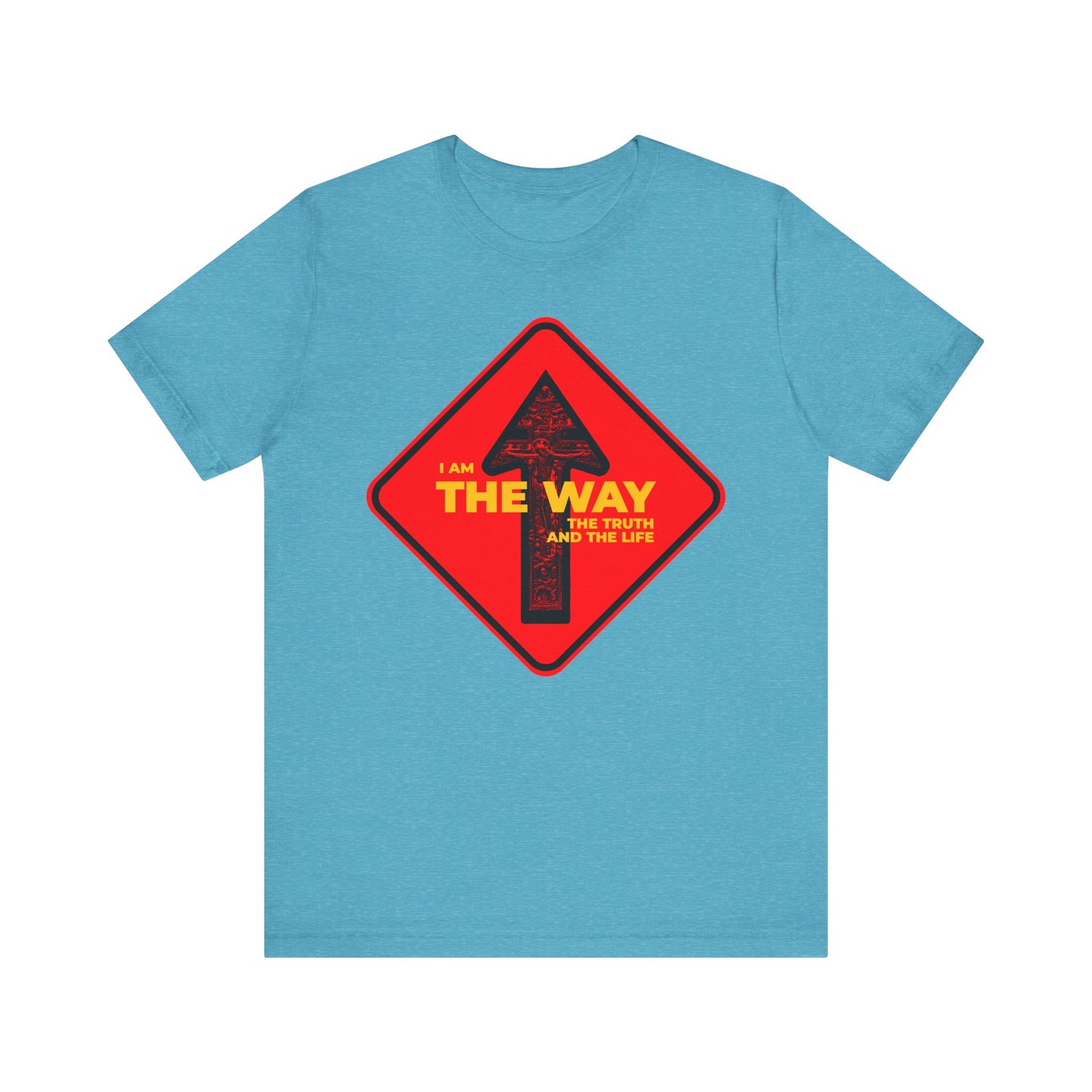 Heather Aqua unisex tee featuring a "One Way" arrow street sign and the message "I am the way, the truth, and the life”—a bold Orthodox Christian reminder for your journey. Lightweight cotton, comfortable fit.