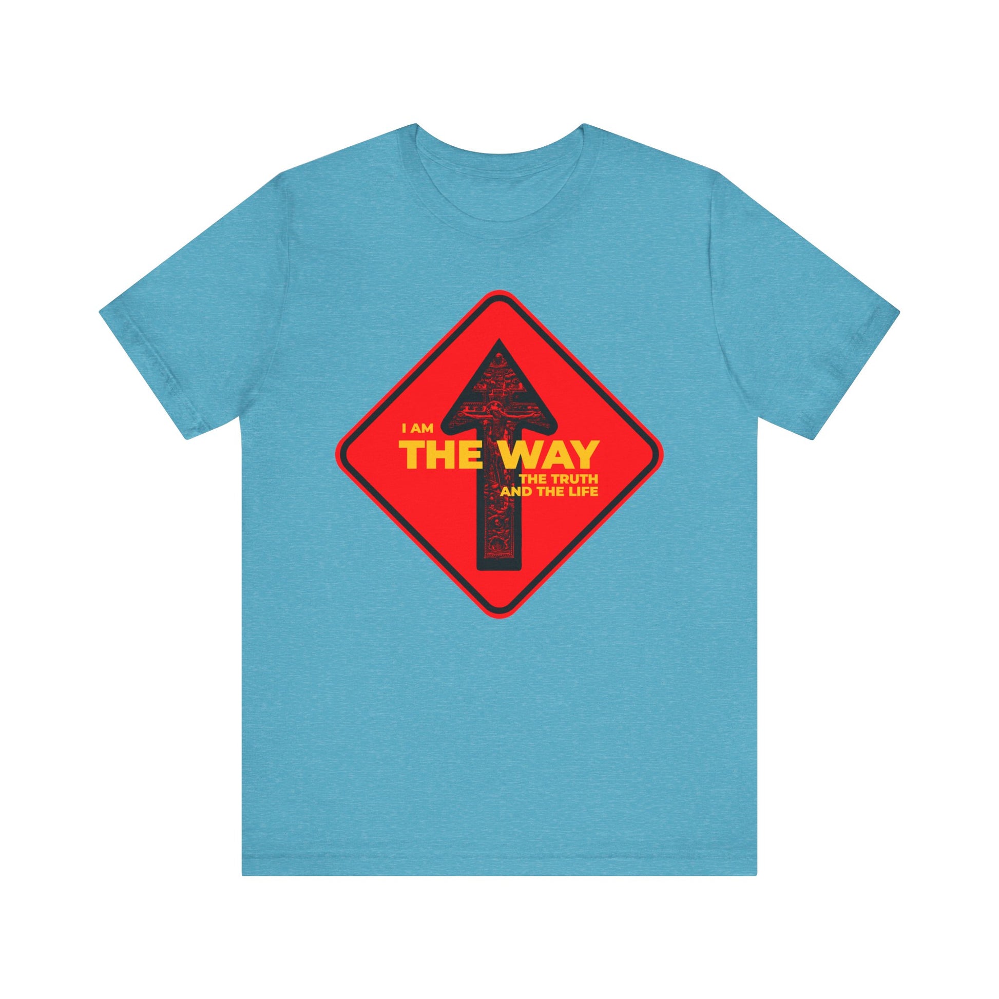 Heather Aqua unisex tee featuring a "One Way" arrow street sign and the message "I am the way, the truth, and the life”—a bold Orthodox Christian reminder for your journey. Lightweight cotton, comfortable fit.