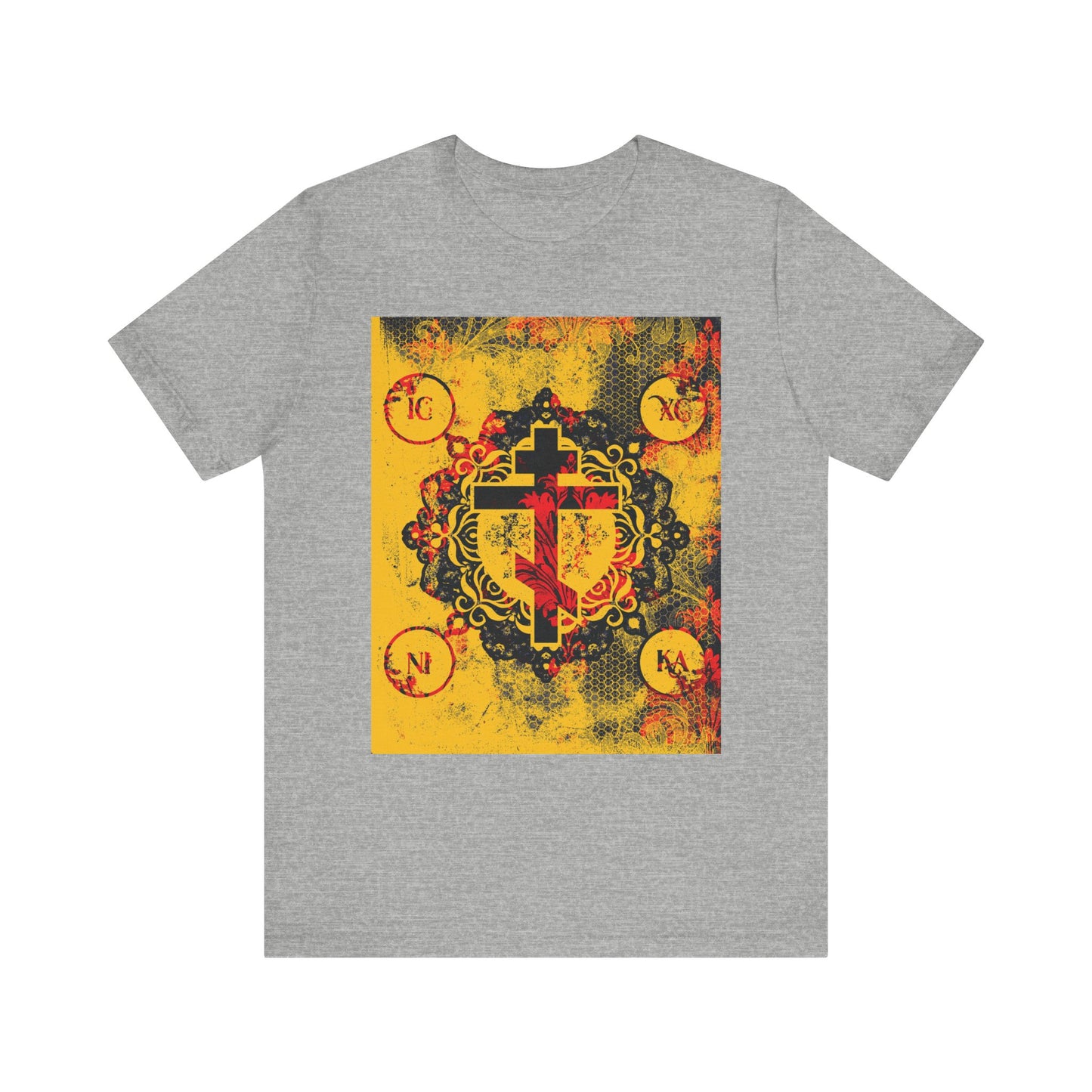Athletic Heather t-shirt featuring the IC XC NIKA Orthodox Cross with a modern and medieval floral design in bold yellow and red, accented by circular symbols—an artistic tribute to Orthodox Christian tradition.