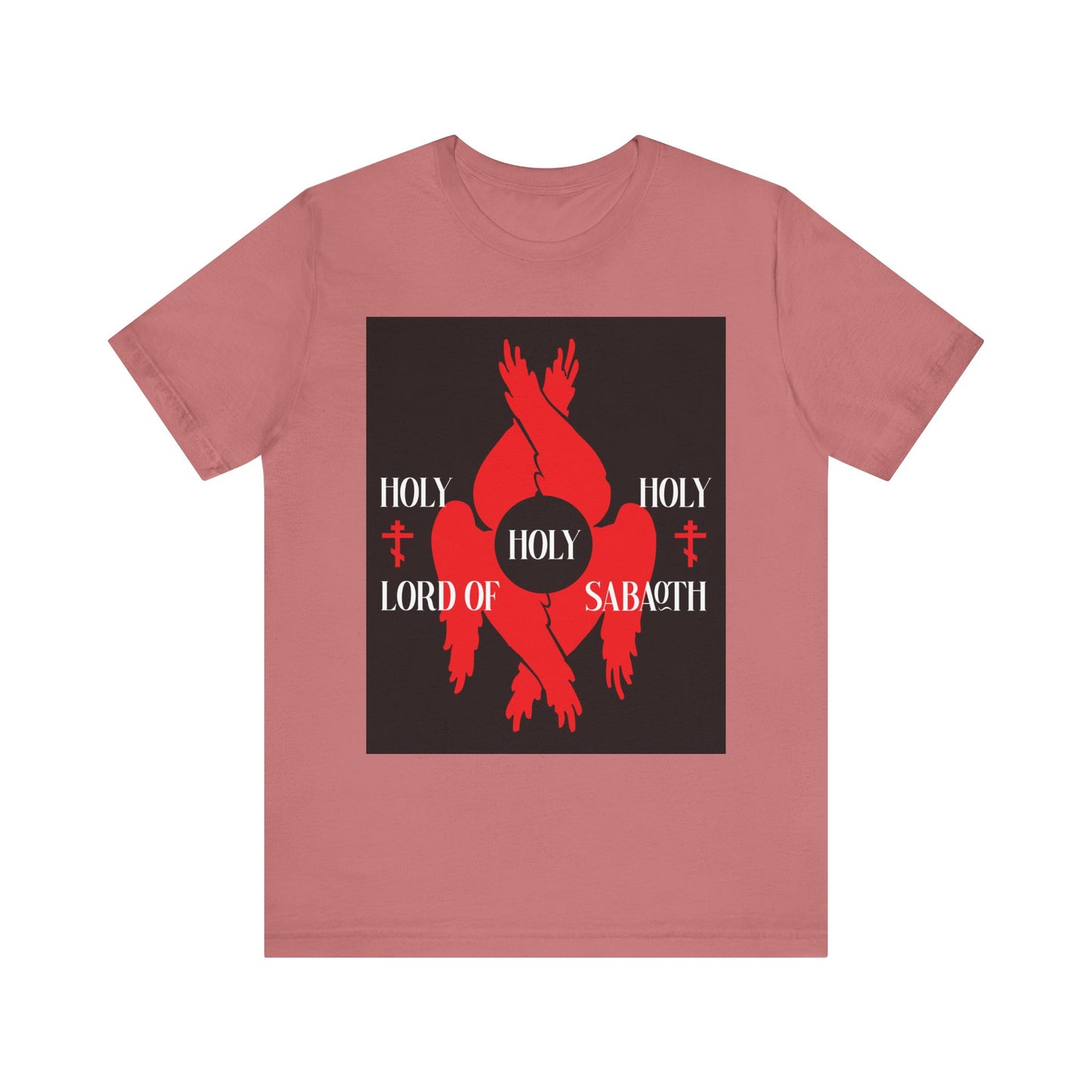 Mauve "Holy Holy Holy Lord of Sabaoth" t-shirt features red seraphim wings, Orthodox crosses, and Isaiah 6:3 graphic, inspired by the Divine Council's praise. Lightweight cotton unisex style.