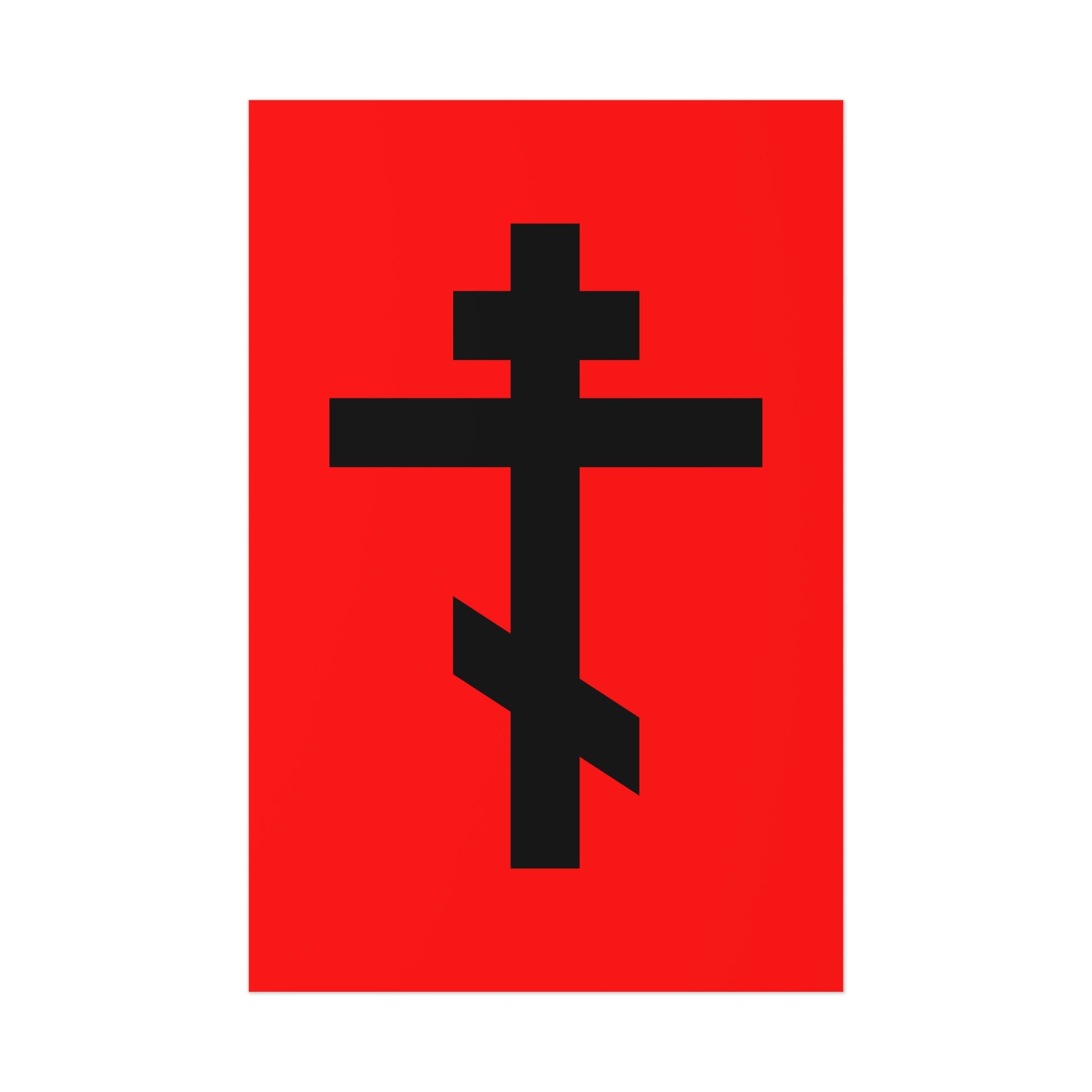 Black Orthodox Cross on red background. Features Galatians 6:14: “May I never boast, except in the cross of our Lord Jesus Christ.” Orthodox Art Poster inspired by this powerful scripture.