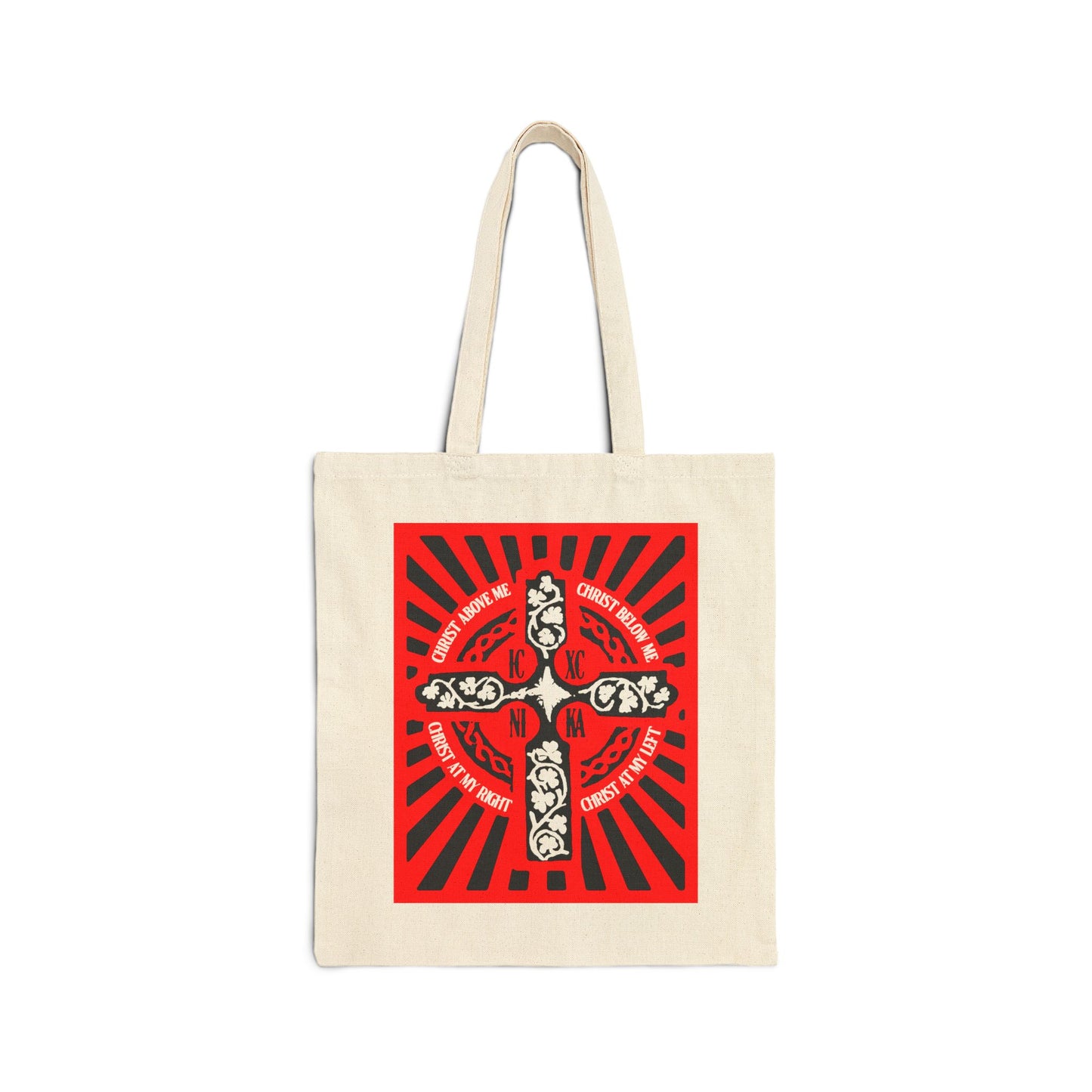 Red ICXC NIKA Enniskillen Celtic Cross | Lorica of St. Patrick | Shield Prayer | Orthodox Christian Canvas Tote Bag