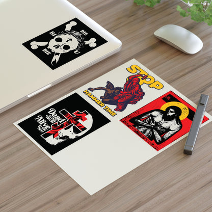 Random Mix No. 1 Four Sticker Sheet on a wooden desk near a laptop, pen, and mouse.