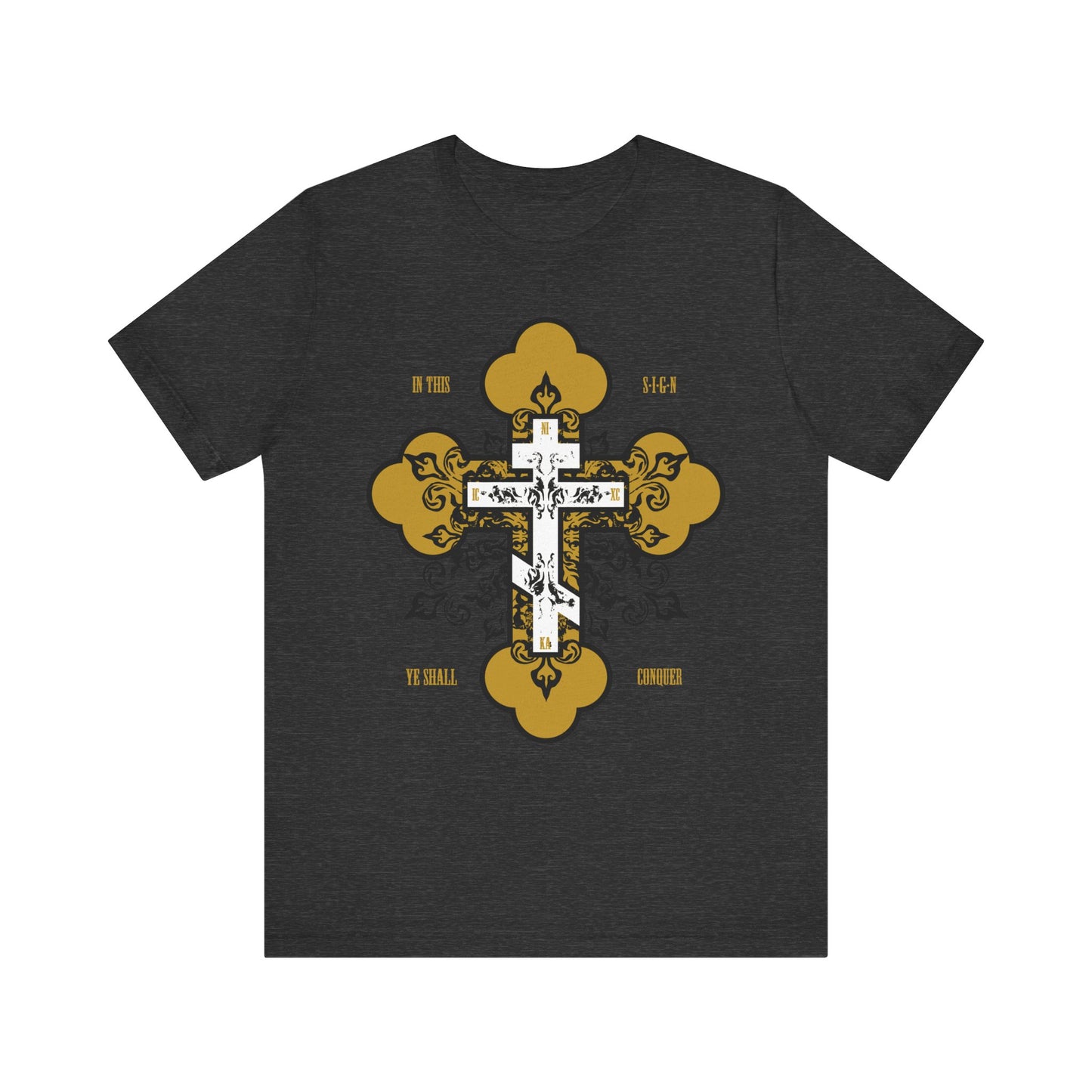Show your faith with the "In This Sign Ye Shall Conquer" tee—dark grey heather, featuring a gold and white Orthodox ornate cross and “In Hoc Signo Vinces.” Lightweight unisex cotton, inspired by St. Joseph the Hesychast.