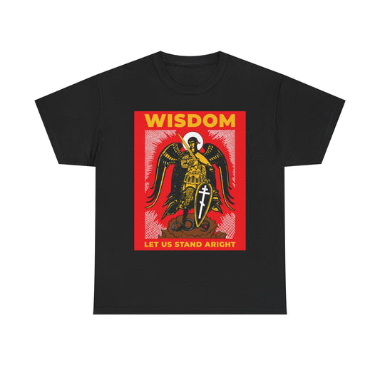 Black unisex tee featuring a Russian illustration of Archangel Michael with shield and sword, inspired by Orthodox tradition. Bold yellow “WISDOM” and “LET US STAND ARIGHT” texts on a red background. Midweight cotton.