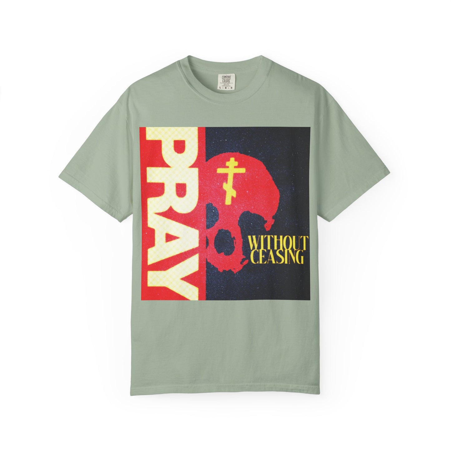 Bay-colored heavyweight cotton unisex t-shirt featuring a bold red skull graphic with a yellow Orthodox cross and the words “Pray Without Ceasing (1 Thess 5:16)” in striking letters. This Christian shirt offers ultimate comfort and style.
