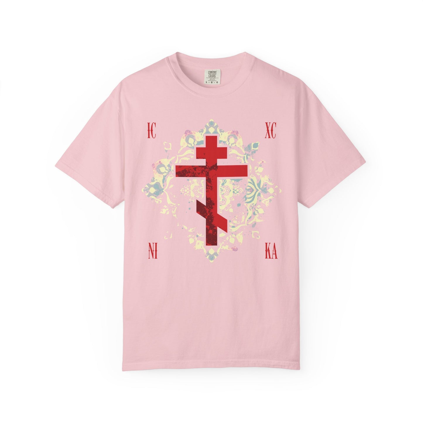 Blossom heavyweight tee with a textured red Orthodox cross, Greek IC XC NI KA, and a medieval floral background—celebrating spiritual victory in durable cotton.