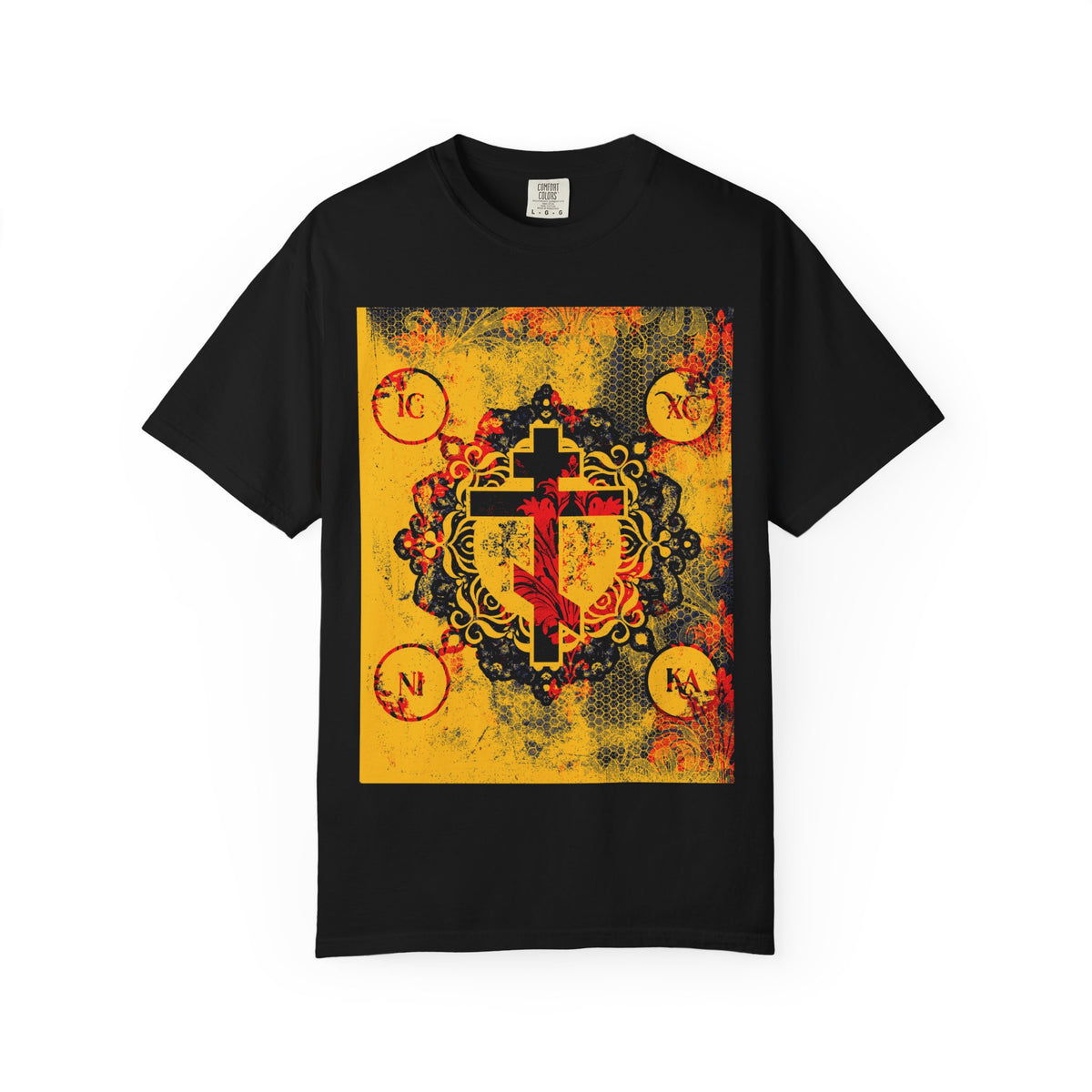 Black IC XC NIKA Orthodox Cross t-shirt featuring a yellow and red floral cross graphic.