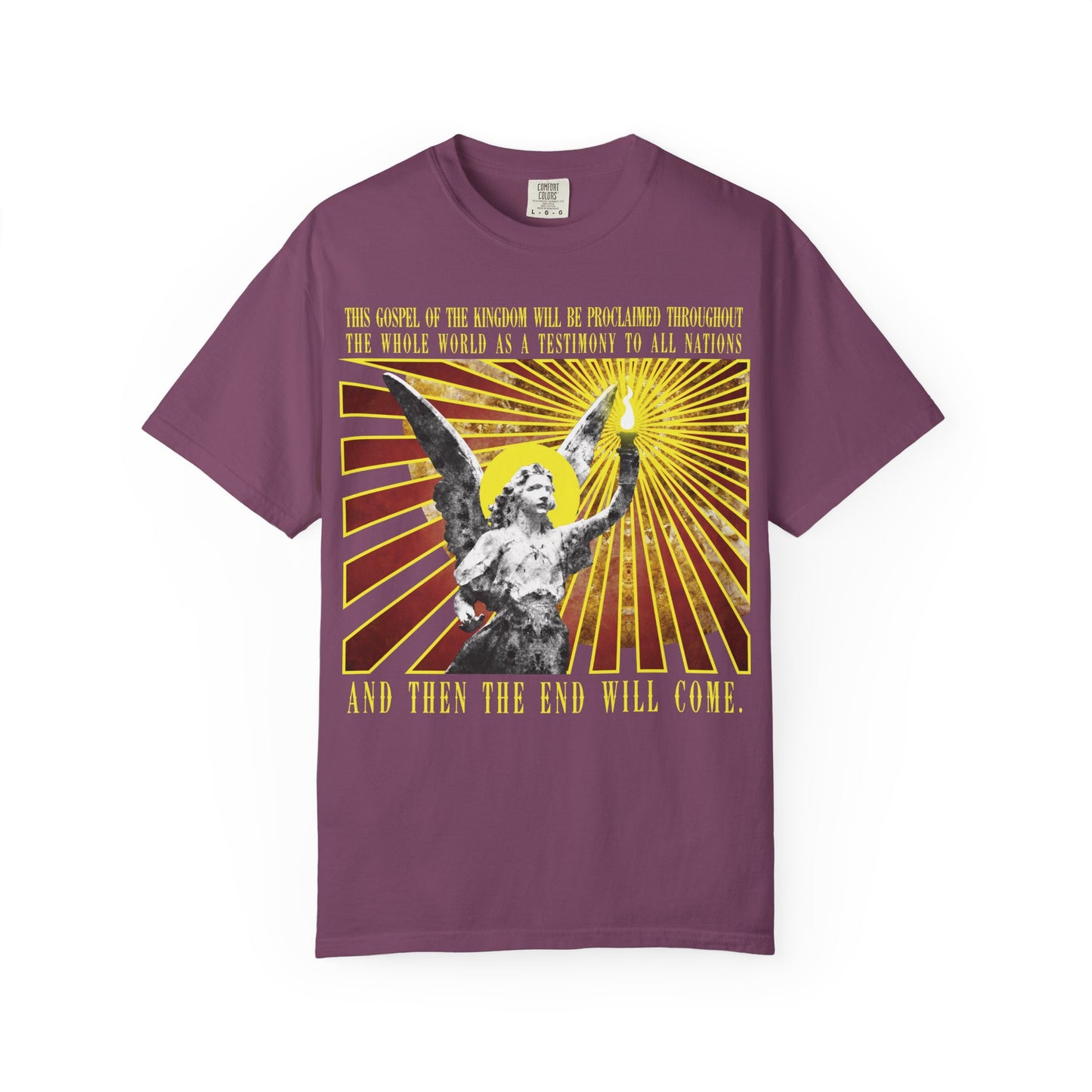 Berry-colored heavyweight cotton unisex T-shirt titled “And Then the End Will Come (Matthew 24:14),” featuring a cemetery angel holding a lamp emitting rays and powerful religious text warning about the end times and false prophets.