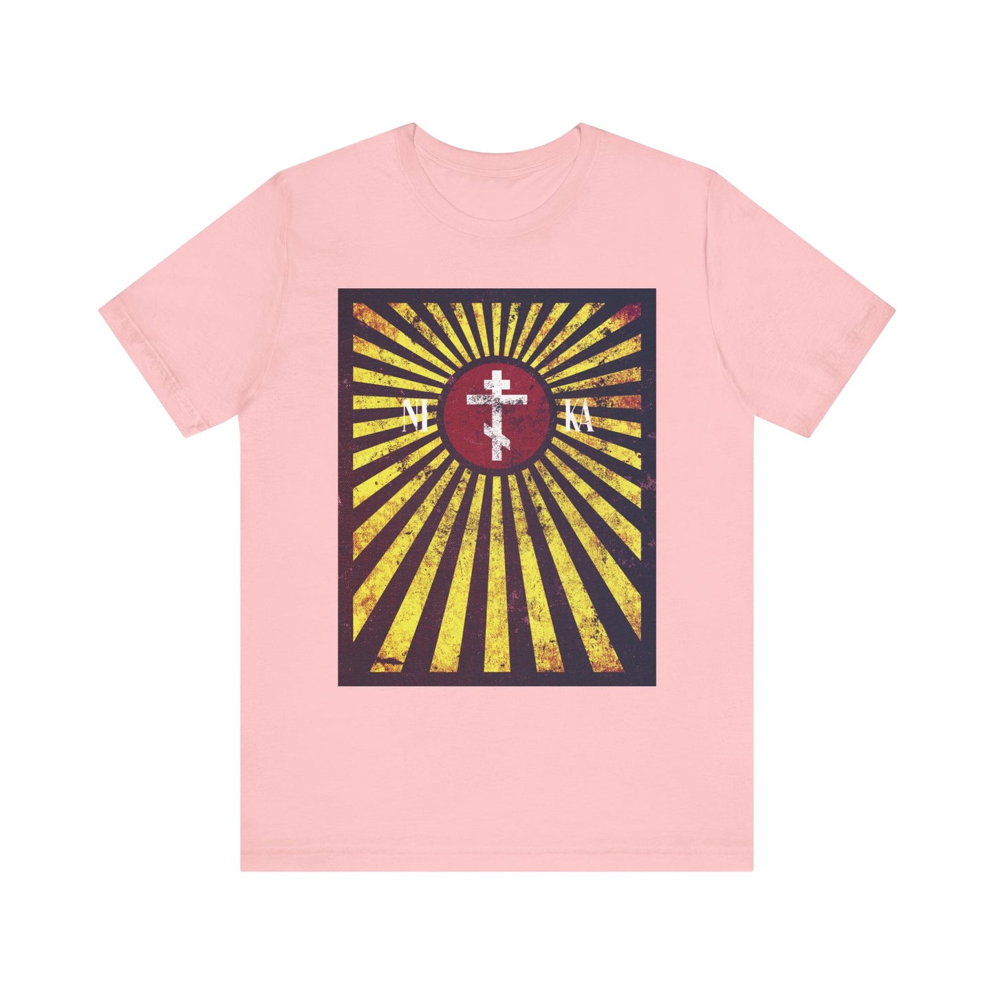 Pink NIKA Red Rising Sun Cross with Golden Rays Orthodox Christian Lightweight Cotton T-shirt, featuring a distressed textured flag design with radiating yellow rays and a white cross at the center over a red circle—evoking spiritual ascent and inspired by the teachings of St. Paisios of Mount Athos.