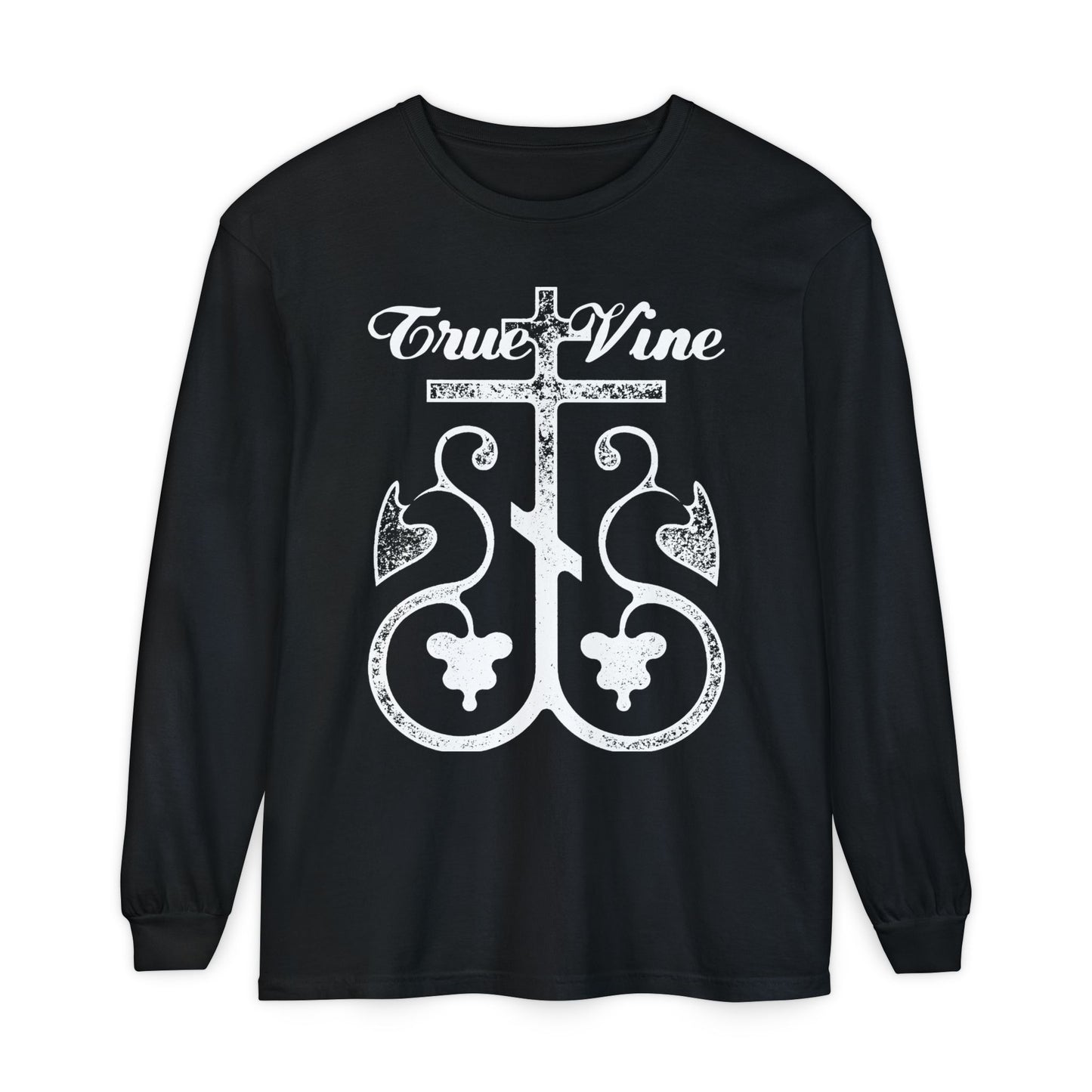 I Am the True Vine (John 15, Ezekiel 15) | Orthodox Cross with Grape Vine | Photocopy Effect | Orthodox Long Sleeve Cotton Shirt