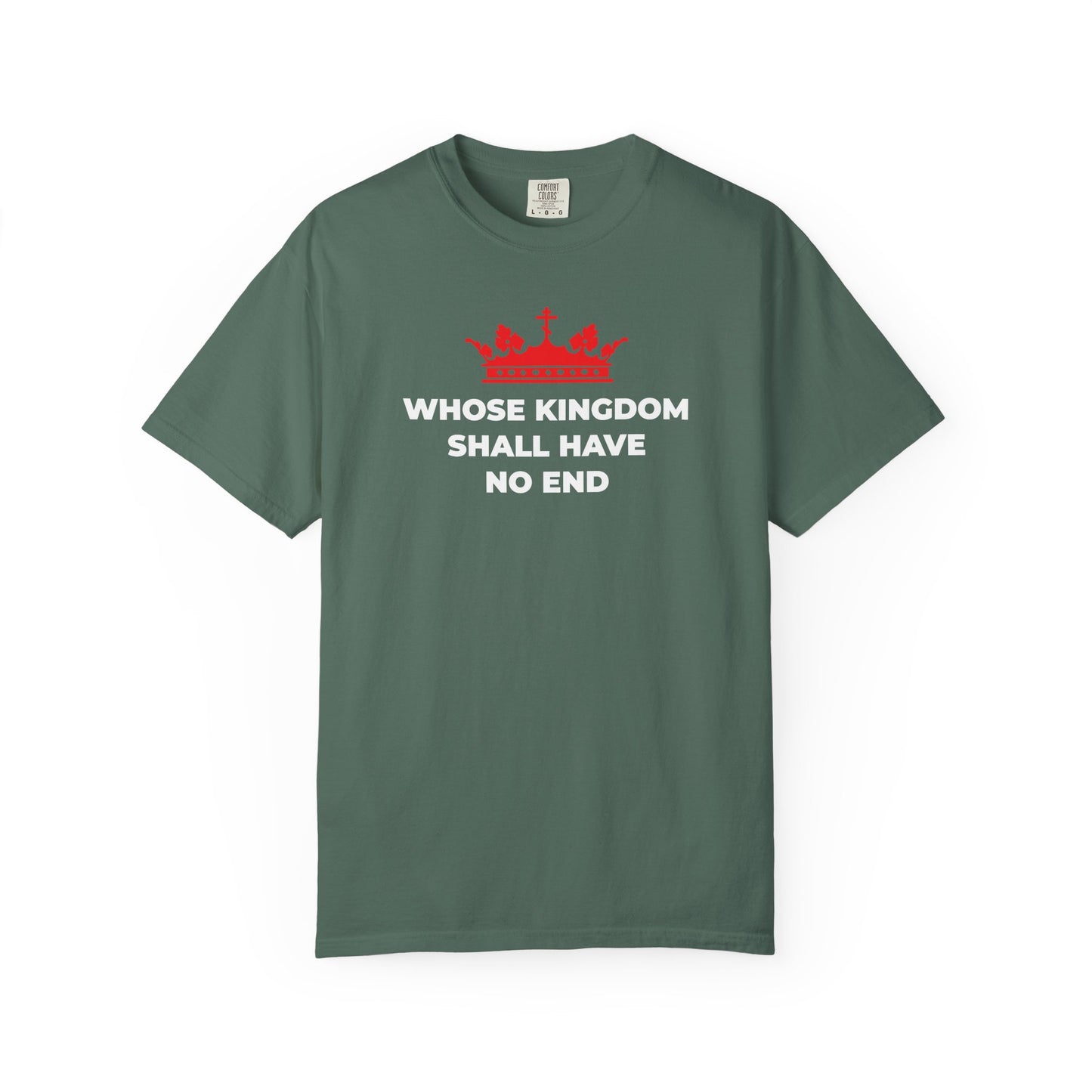 Blue Spruce heavyweight cotton unisex tee featuring a red Orthodox cross crown and white text on the front that reads “WHOSE KINGDOM SHALL HAVE NO END,” inspired by the Nicene Creed and celebrating Christian eschatology and the eternal kingship of Jesus Christ.