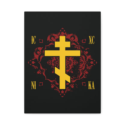 The "ICXC NIKA Yellow Russian Cross on Ornate Red Background Design" Orthodox Christian canvas art features a gold cross with yellow Greek letters on a black canvas, symbolizing Jesus Christ’s victory.