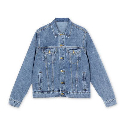 The Remember You Will Die Cross Classic Typography & Floral Wreath Design Orthodox Christian Blue Denim Jacket features front buttons, chest pockets, and long sleeves in a light blue wash, laid flat on a white background.