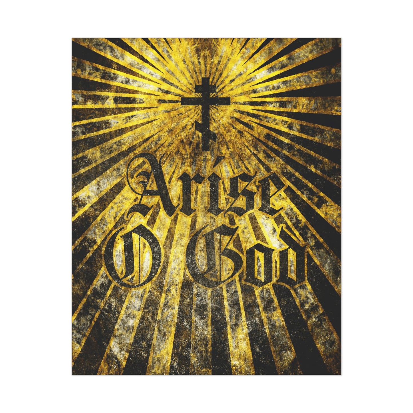 A poster featuring a black Orthodox cross with golden rays and "Arise O God" in textured Gothic font on a yellow-black background, inspired by Psalm 81 (82 LXX) and the Divine Council worldview.