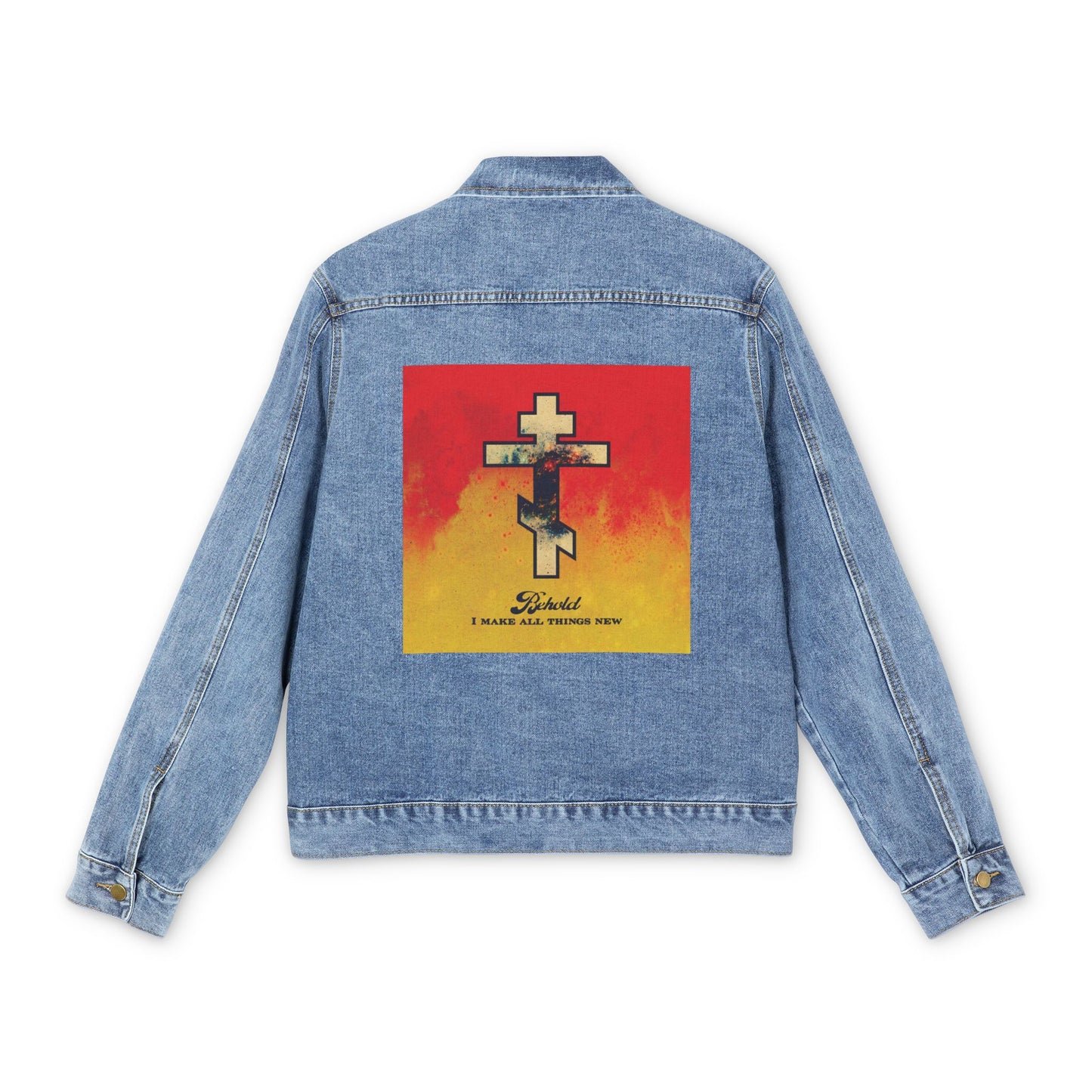 Behold, I Make All Things New (Revelation 21:5) | Cosmic Orthodox Cross on Red and Yellow Background | Orthodox Christian Custom Blue Denim Jacket