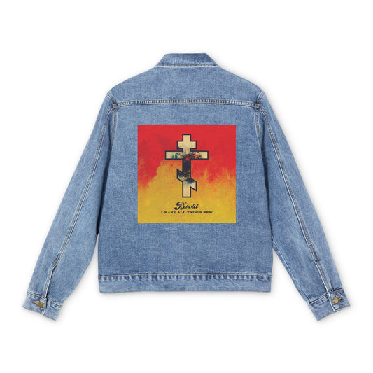 Behold, I Make All Things New (Revelation 21:5) | Cosmic Orthodox Cross on Red and Yellow Background | Orthodox Christian Custom Blue Denim Jacket