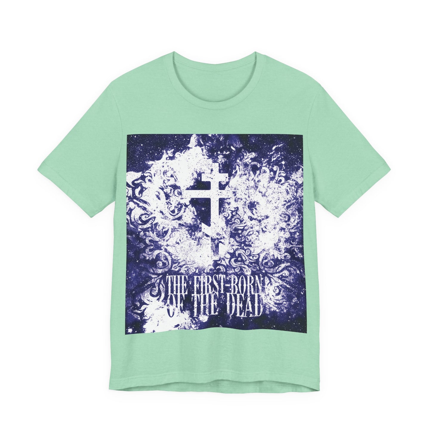 The First-Born of the Dead | Glowing White & Blue Textured Cosmic Orthodox Cross | Resurrection & Apocalypse | Christian Unisex Cotton Tee