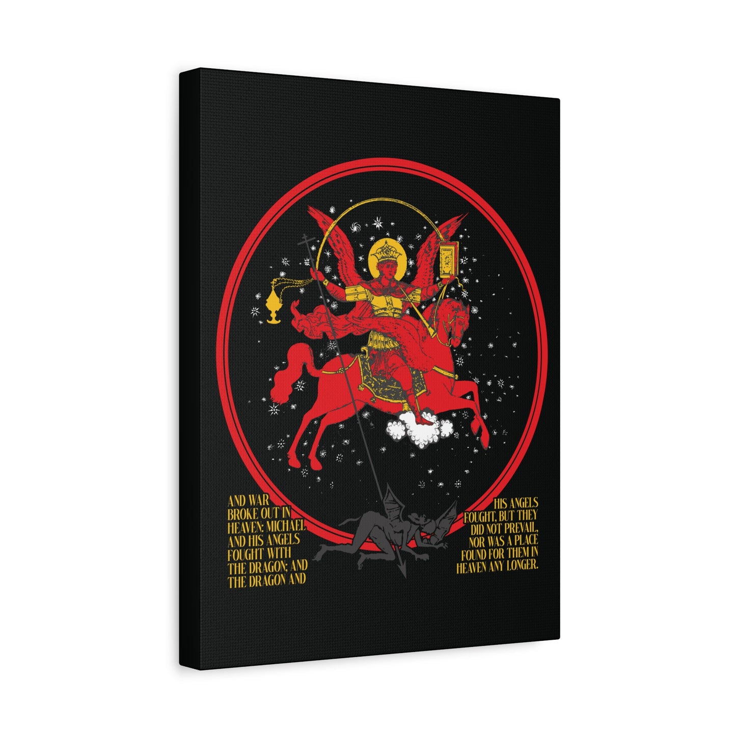 The "Archangel Michael of the Apocalypse Icono-Graphic" canvas art shows Michael in armor on a red horse battling a dragon, symbolizing the War in Heaven (Rev 12:7-9) where Satan is cast out.