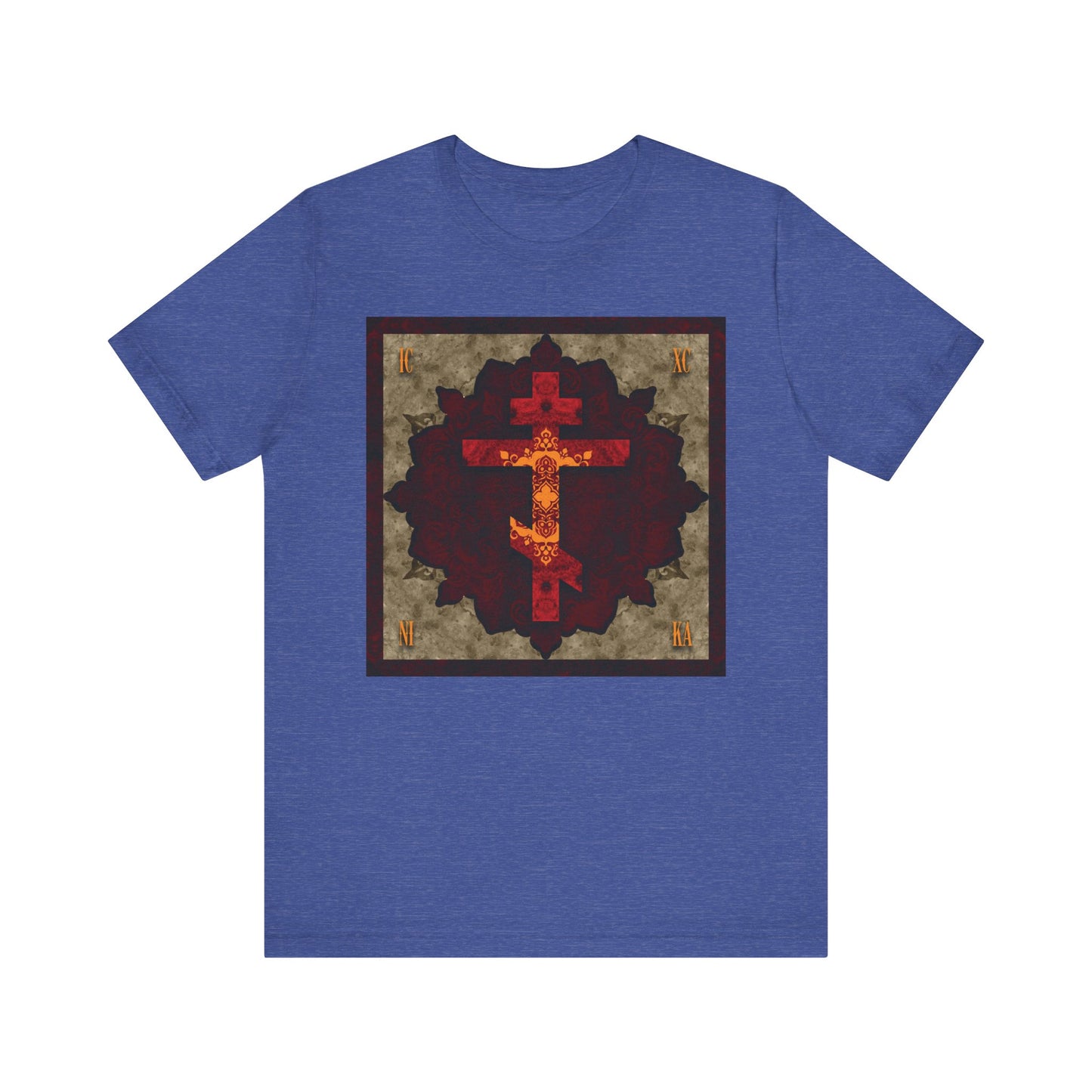 Heather True Royal unisex t-shirt featuring an artistic, textured red and gold Russian cross design inspired by Orthodox Christian virtues and the enduring humility of St. John of Shanghai and San Francisco.