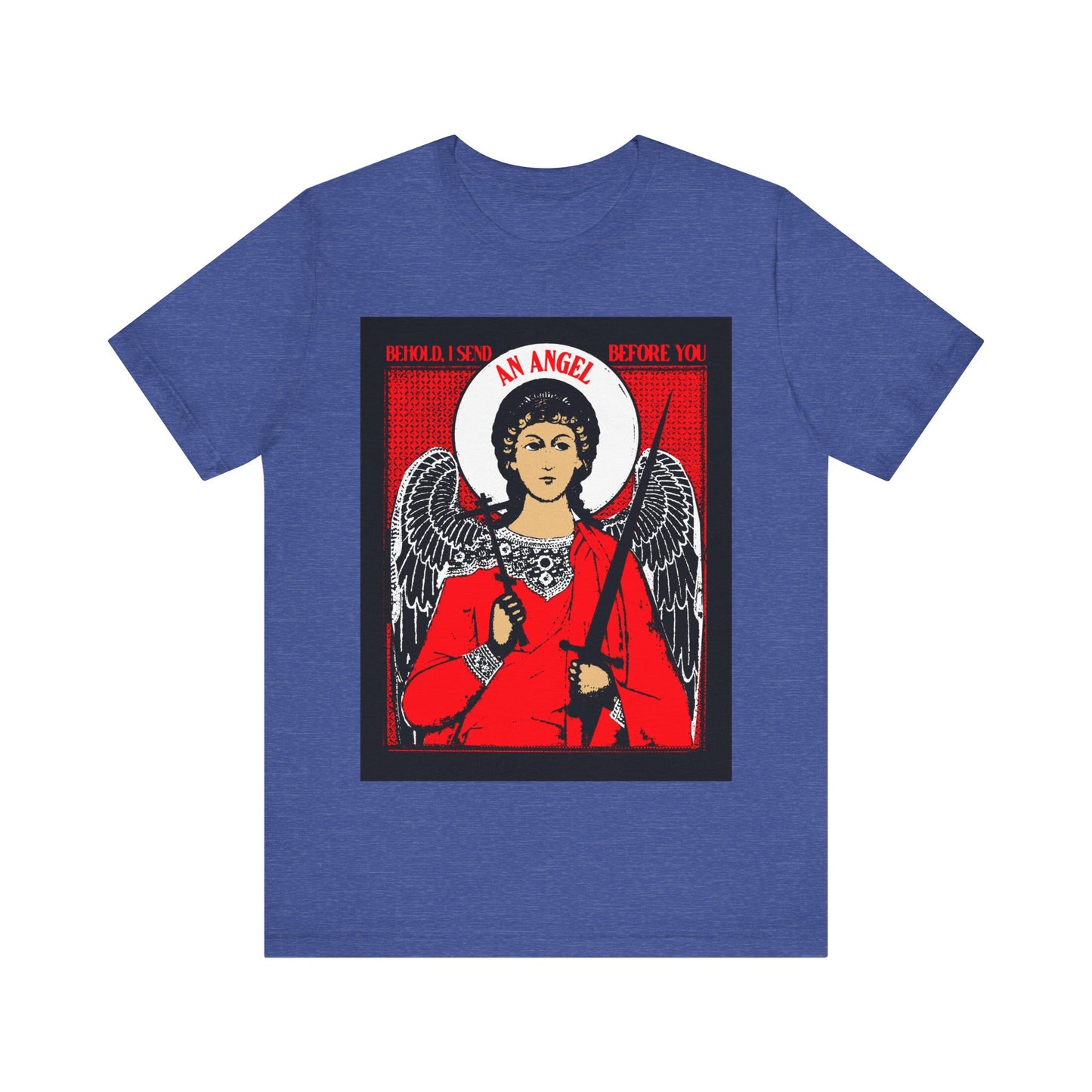 Behold, I Send an Angel Before You (Exodus 23:20) | Guardian Angel With Cross and Sword IconoGraphic | Orthodox Christian Cotton T-Shirt