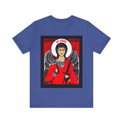 Behold, I Send an Angel Before You (Exodus 23:20) | Guardian Angel With Cross and Sword IconoGraphic | Orthodox Christian Cotton T-Shirt