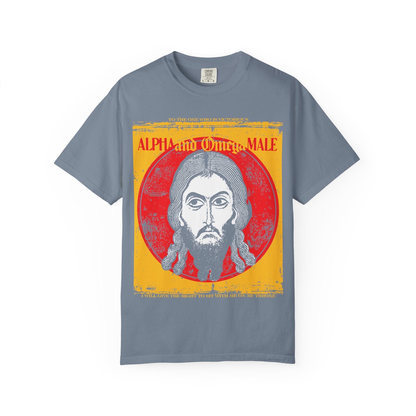 Blue Jean T-shirt featuring a striking IkonoGraphic of Jesus Christ—Image of Edessa—with the text “Alpha & Omega Male | To the One Who Is Victorious,” inspired by Revelation scripture.