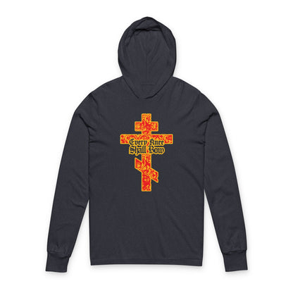 The "Every Knee Shall Bow" black hoodie features a gold and red floral Orthodox cross with gothic lettering, inspired by Isaiah 45:22-24 and Phil 2:7-11.