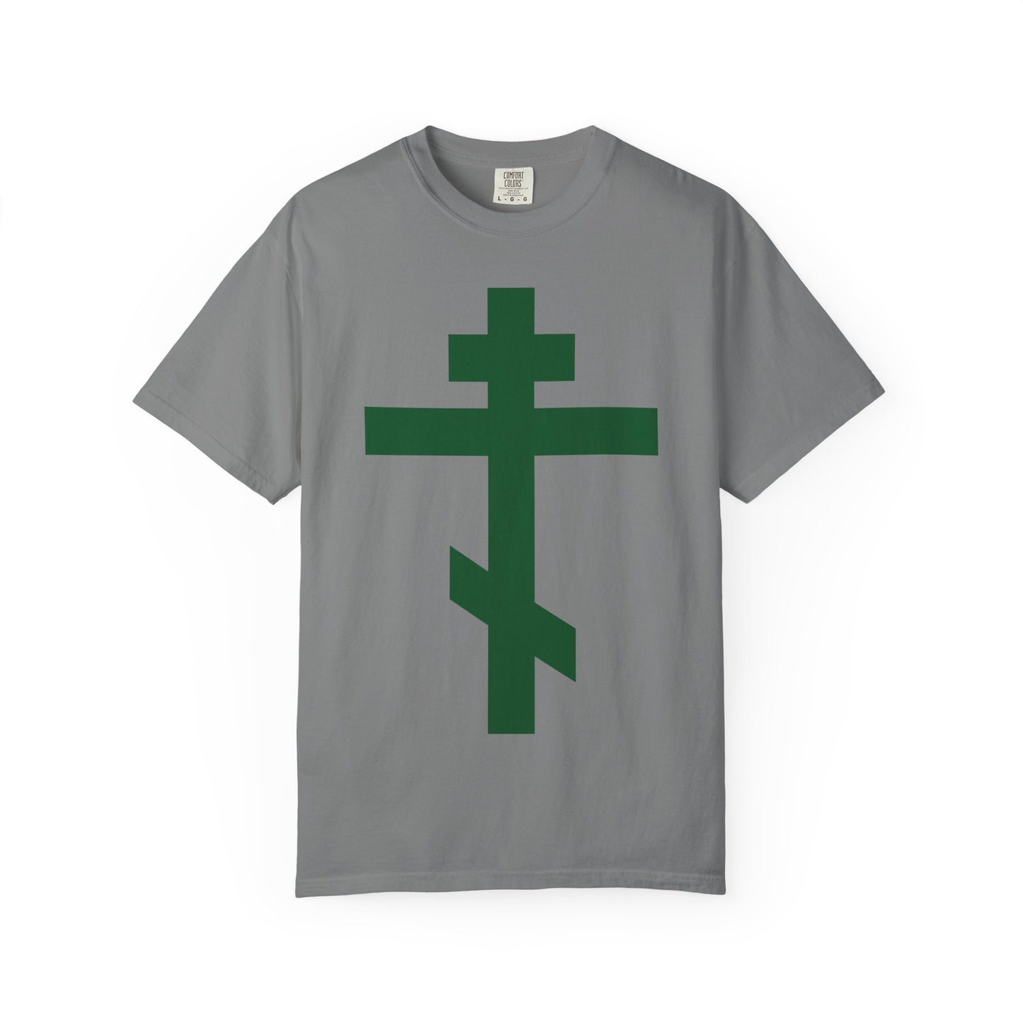Grey heavyweight cotton unisex tee featuring a large forest green Orthodox Tribar Cross on the front, inspired by the troparion “Preserve Thy People By Thy Cross, O Lord” and proclaiming “Christ is King.”.