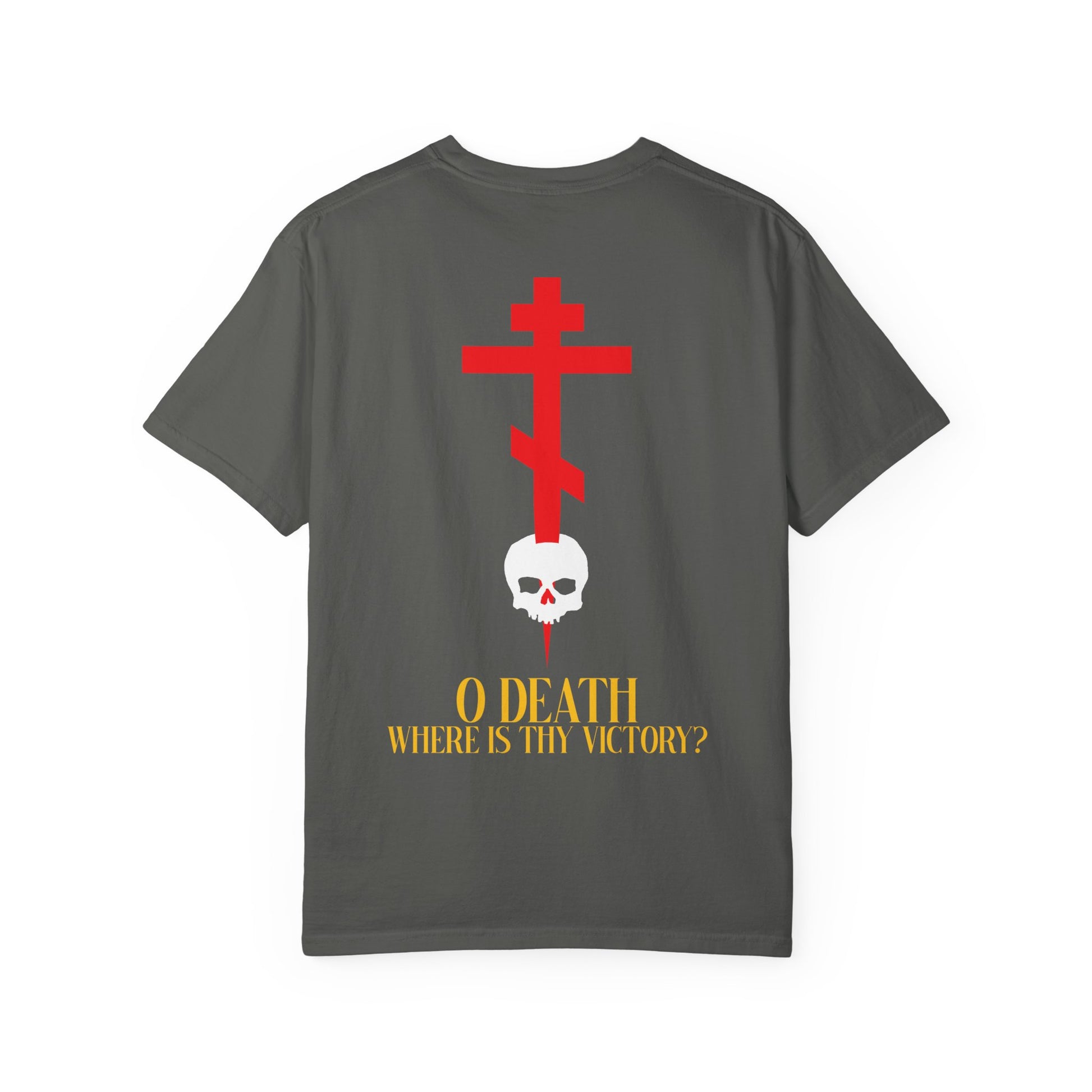 O Death Where is Thy Victory? heavyweight cotton unisex tee featuring a bold red cross on the front left chest and a striking back design with a cross stabbing a white skull and yellow text: O DEATH WHERE IS THY VICTORY?, inspired by the Resurrection and hymns of St Romanos the Melodist.