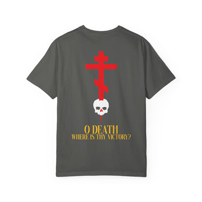 O Death Where is Thy Victory? heavyweight cotton unisex tee featuring a bold red cross on the front left chest and a striking back design with a cross stabbing a white skull and yellow text: O DEATH WHERE IS THY VICTORY?, inspired by the Resurrection and hymns of St Romanos the Melodist.