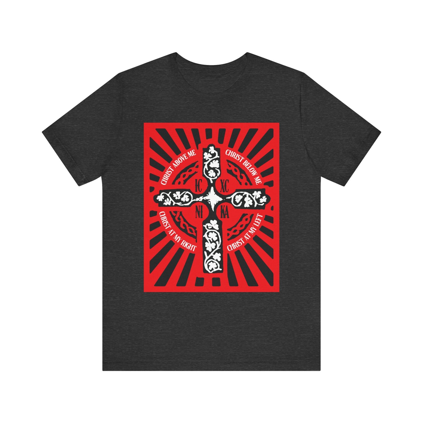 Dark Grey Heather unisex t-shirt featuring the Red ICXC NIKA Enniskillen Celtic Cross, with radiating lines and Christian text in a circular layout inspired by the Lorica of St. Patrick (Shield Prayer)—a powerful Orthodox Christian and Celtic blessing.