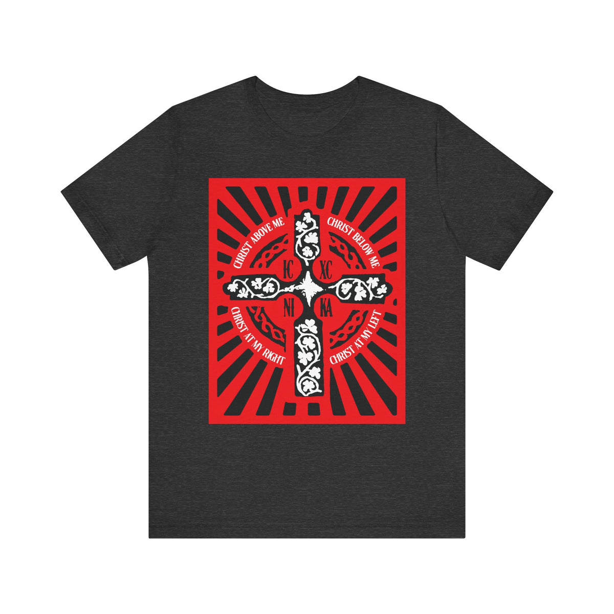 Dark Grey Heather unisex t-shirt featuring the Red ICXC NIKA Enniskillen Celtic Cross, with radiating lines and Christian text in a circular layout inspired by the Lorica of St. Patrick (Shield Prayer)—a powerful Orthodox Christian and Celtic blessing.