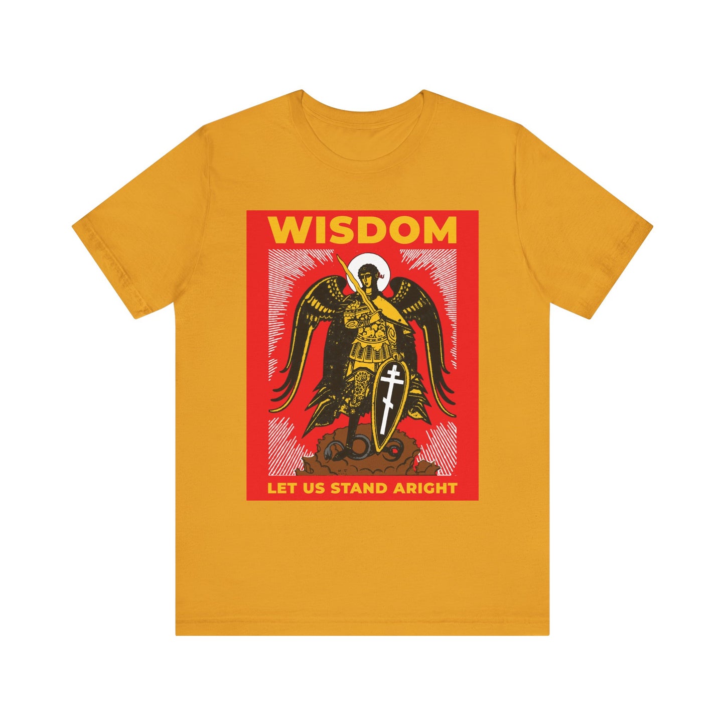 Mustard unisex tee featuring a Russian illustration of Archangel Michael the Warrior with shield & sword, WISDOM text, and LET US STAND ARIGHT in a red box—Orthodox-inspired, lightweight cotton.