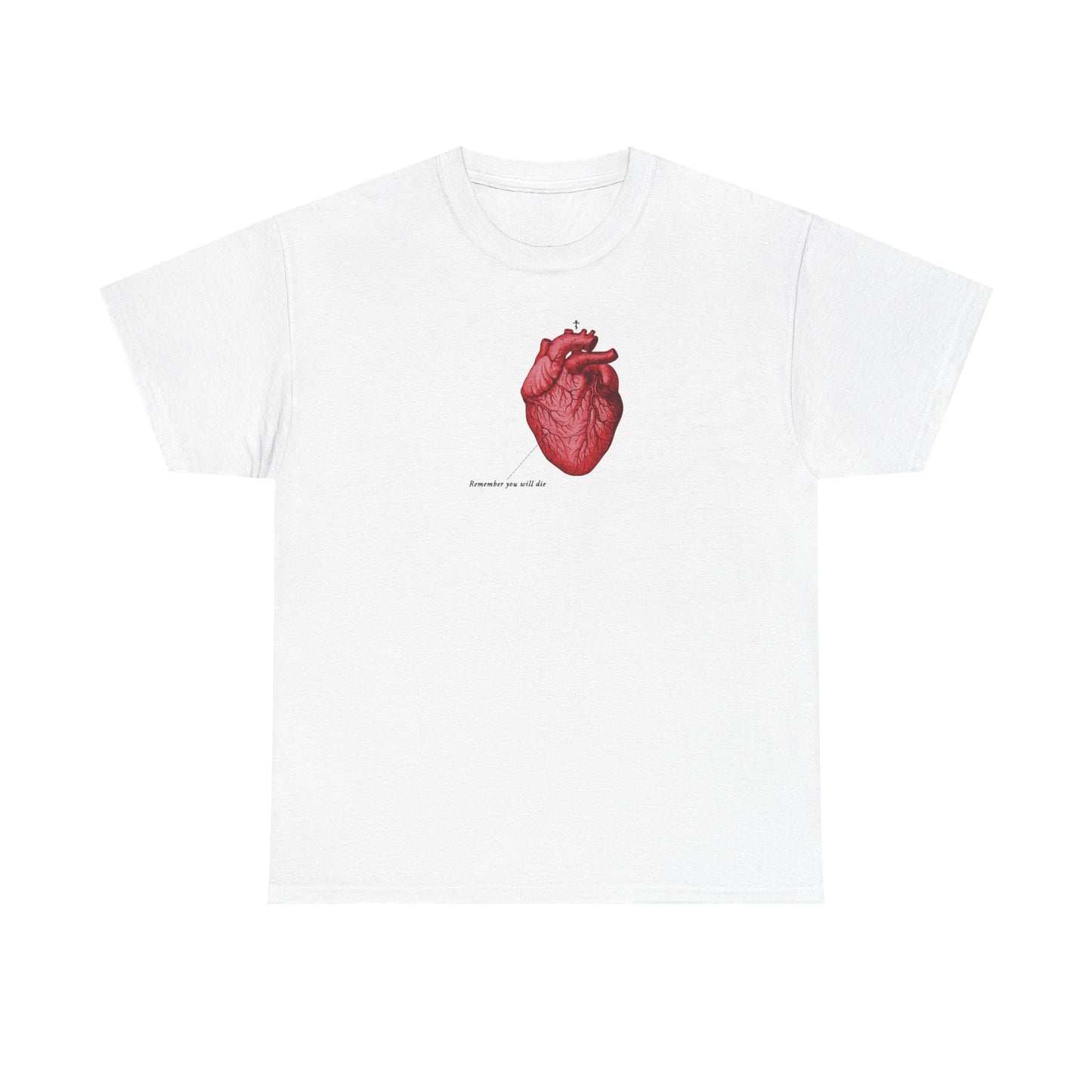 White heavy cotton t-shirt with a retro medical heart graphic, Orthodox cross, and “Remember You Will Die” print—Christian memento mori inspired by themes of God's mercy and repentance. Product: It's Later Than You Think. Color: White.