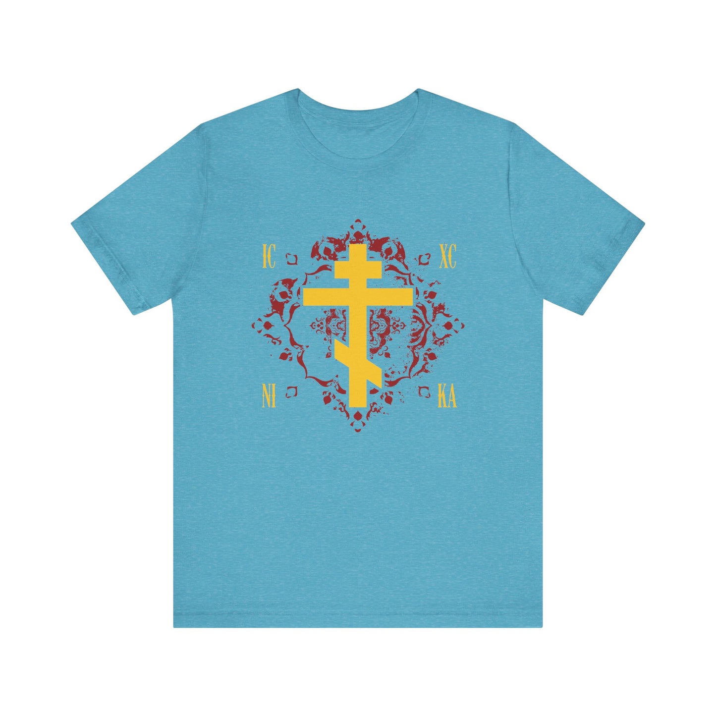 Heather aqua t-shirt featuring a yellow ICXC NIKA Orthodox cross on an ornate red background design, inspired by the teachings of St Kosmas Aitolos.