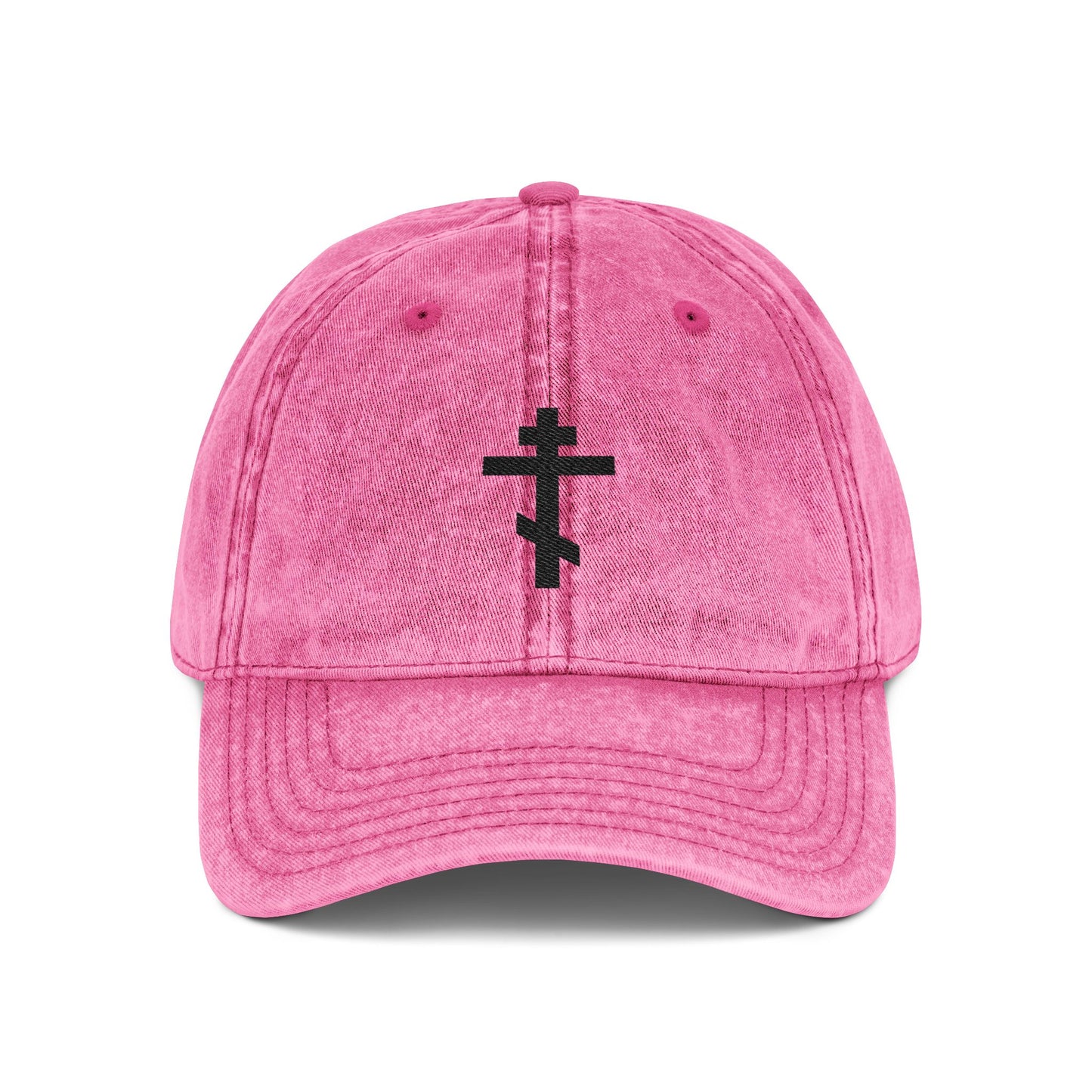 Pink "Simple Black Orthodox TriBar Cross" cap, featuring a minimalist distressed black cross design and "Crucify My Ego to the Precious and Life Giving Cross" embroidery; perfect for Christian style.