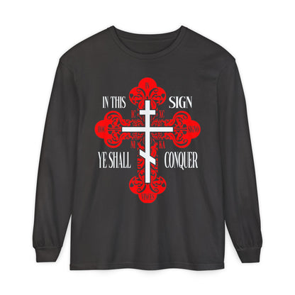 Graphite long-sleeve featuring a red ornate Orthodox Cross, white "In This Sign Ye Shall Conquer" text, and ICXC NIKA—honoring Christ’s victory with bold Christian symbolism.