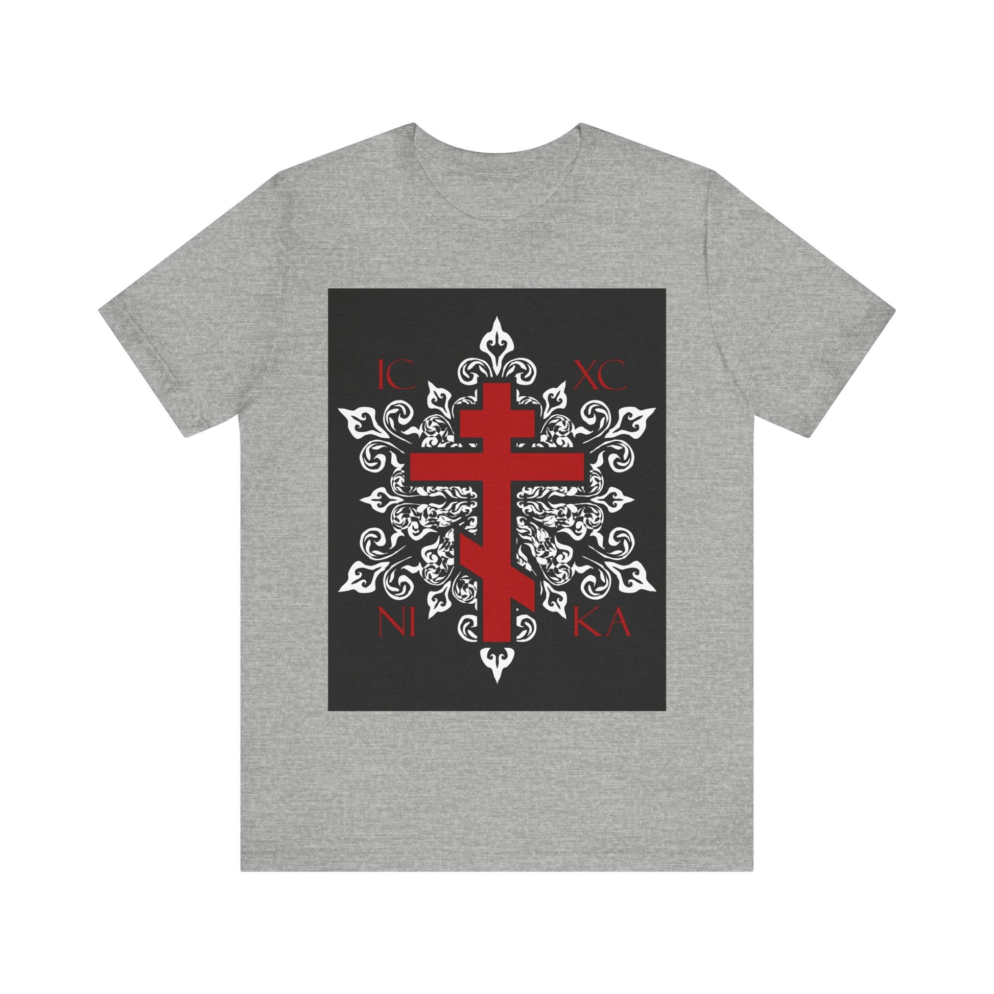 Athletic Heather unisex cotton tee featuring the ICXC / NIKA red Orthodox Cross on an ornate white medieval floral design—a best-selling exclusive Orthodox Christian t-shirt for everyday wear.