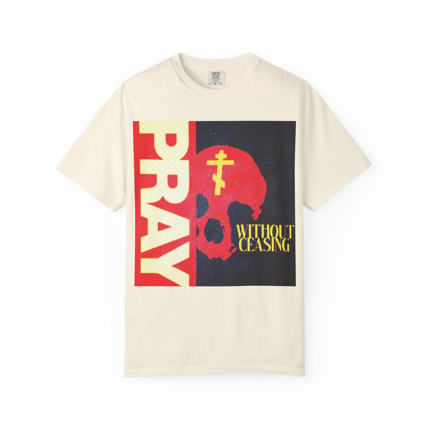 Ivory T-shirt featuring a striking red skull graphic, yellow Orthodox cross, and the words "Pray Without Ceasing" (1 Thess 5:16). Crafted from heavyweight cotton for comfort and durability, this Christian unisex shirt is a bold statement piece for anyone seeking a meaningful prayer tee.