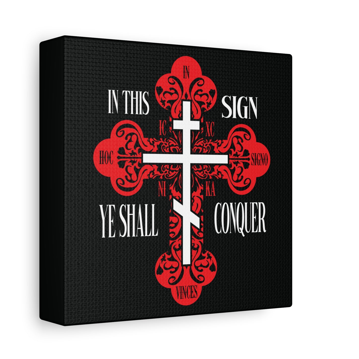 A red ornate Orthodox cross and white sword with "In This Sign Ye Shall Conquer" text, symbolizing Orthodox prayer and spiritual victory, on a black background. In Hoc Signo Vinces | ICXC NIKA | Jesus Christ Conquers | Christian Wall Art.