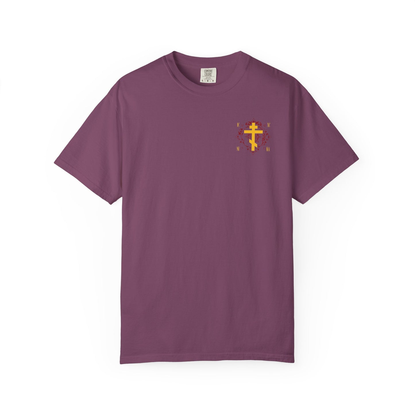 Berry heavyweight cotton unisex t-shirt featuring a small ICXC NIKA yellow Orthodox cross on an ornate red background, inspired by the grace of sonship taught by St. Kosmas Aitolos.