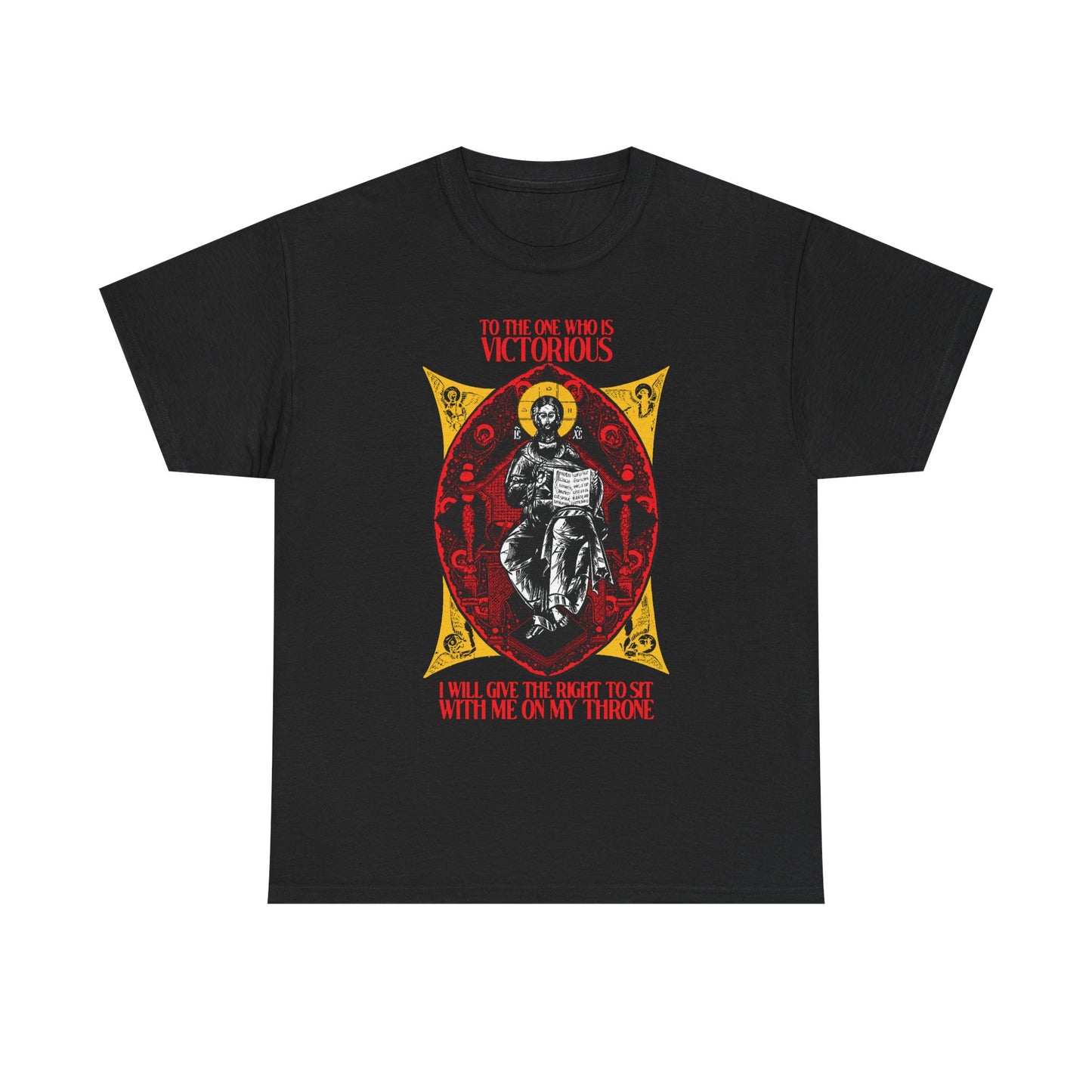 Black "Christ is King, Enthroned In Glory" tee featuring Orthodox iconography and the verse: "To the One Who Is Victorious (Rev 3:21)," symbolizing Christ’s promise to reign with Him. Unisex midweight cotton.