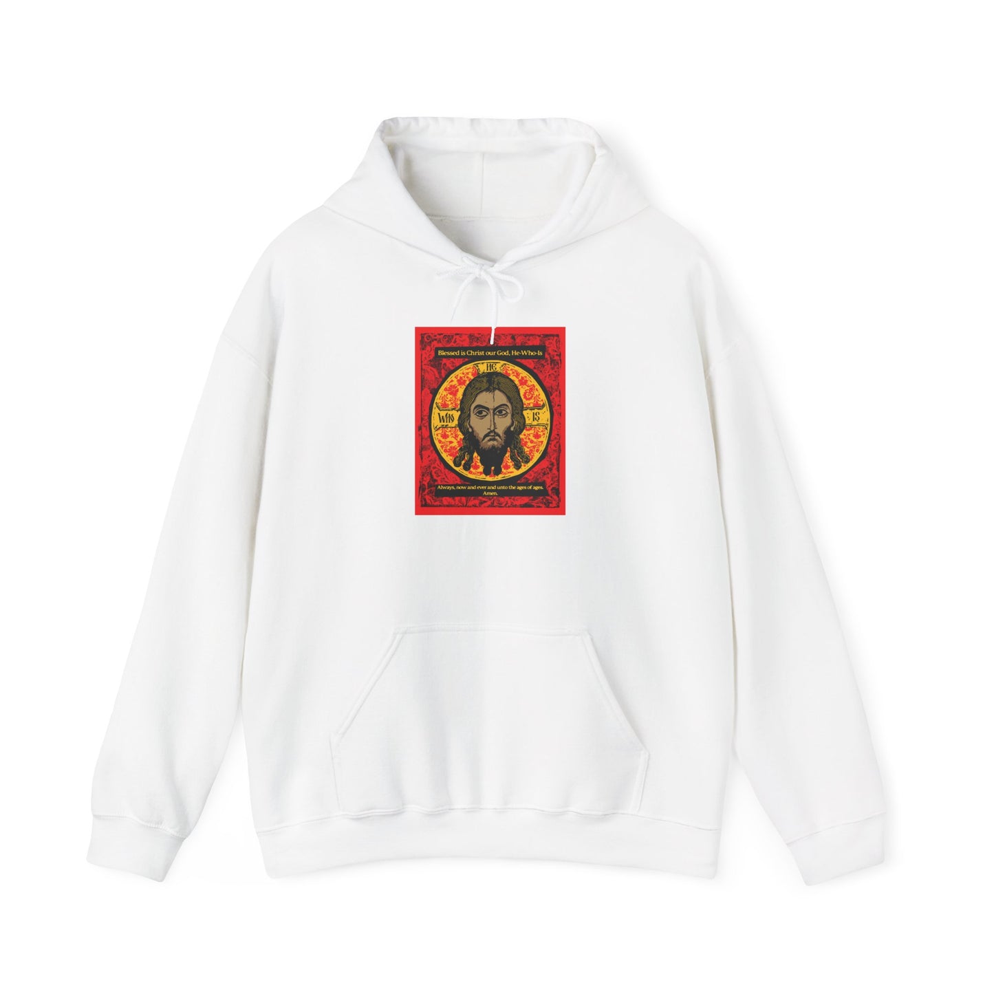 White “Made Without Hands (Mandylion/Image of Edessa)” hoodie featuring a vibrant red, black, and yellow Orthodox icon graphic of Jesus Christ on the front—an inspired tribute to Orthodox Christian tradition and the veneration of sacred imagery.