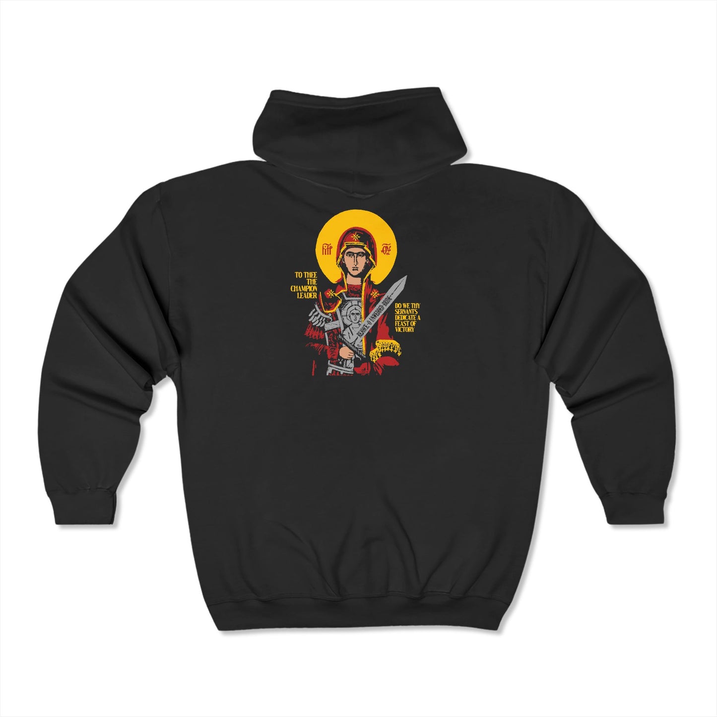 To Thee the Champion Leader (Theotokos IkonoGraphic) No. 1 | Orthodox Zipper Hoodie (Back Design)