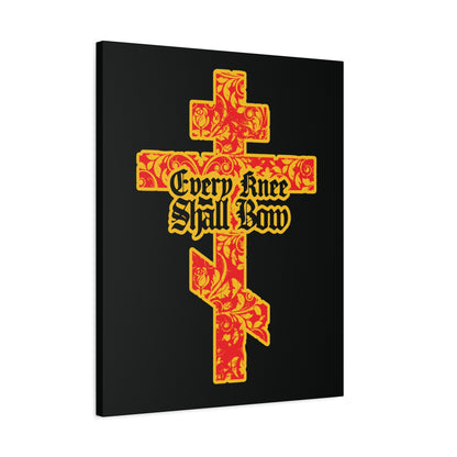 The "Every Knee Shall Bow" Christian wall art features a gold and red floral Orthodox cross with black Gothic lettering, inspired by Isaiah 45:22-24 and Phil 2:7-11, declaring Jesus Christ is Lord.